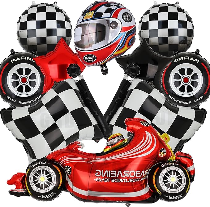 GGDE Race Car Balloons Tire Balloon Chequered Flag Balloons Helmet Balloons Baby Shower Kids Two Fast Speedy Race Car Themed Birthday Party Decor Supplies 10 Pcs Kit, Big