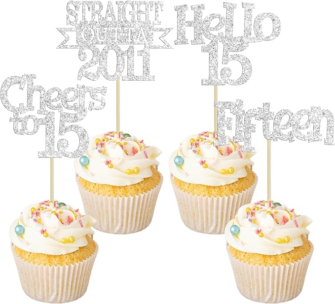 Ephlyn 24Pcs 15th Birthday Cupcake Toppers Glitter Straight Outta 2011 Cupcake Picks Hello 15 Cheers to 15 Years Cake Decorations for 15th Birthday Anniversary Party Decorations Supplies Silver