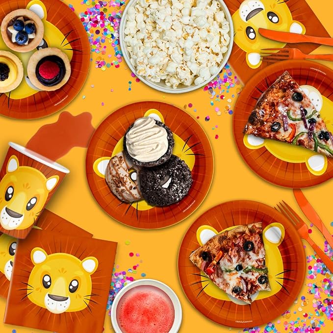 Birthday Galore Lion King Jungle Animal Party Supplies - Safari Lion Animal Party Tableware Set for 16 Guests - Includes Plates, Napkins and Cups - Orange, Cartoon