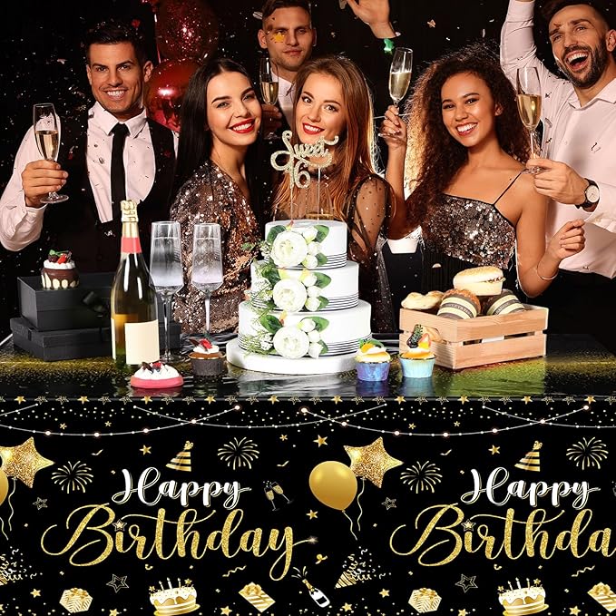 Tudomro 1 Pcs Happy Birthday Tablecloths Happy Birthday Party Decorations Plastic Table Cover Rectangular Cloths for Women Men Baby Shower Party Supplies, 108 x 54 Inch (Black Gold)