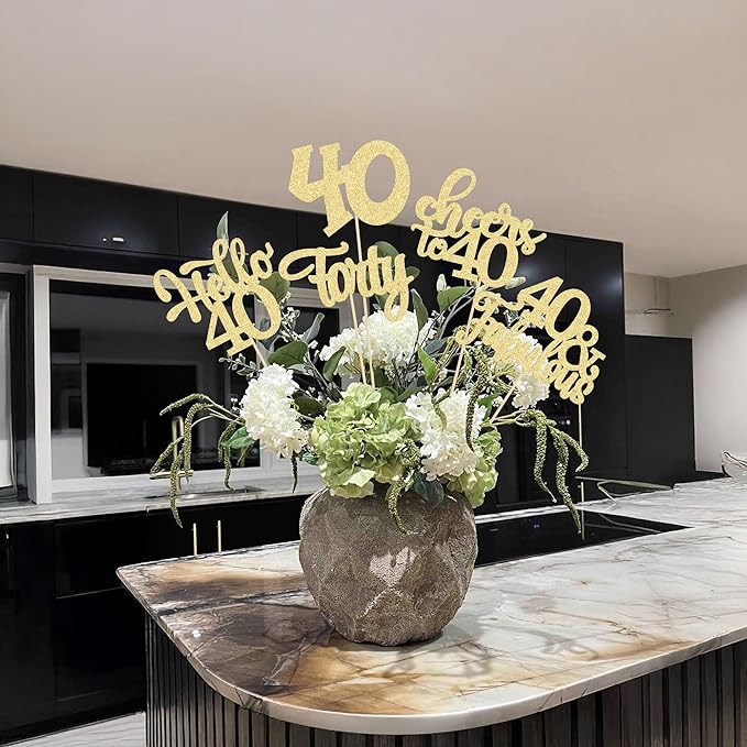 Gyufise 15Pcs 40th Birthday Centerpiece Sticks Forty Happy 40th Table Flower Centerpieces Sticks Cheers to 40 Floral Decorations for 40th Birthday Party Centerpieces Supplies Gold