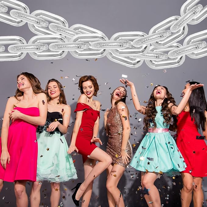 24 Pcs Giant Silver Chain Balloons Garland, 16 Inch Foil for 80s 90s Party Decorations, Birthdays, Weddings, Graduations, Hip Hop Retro Theme Party Supplies