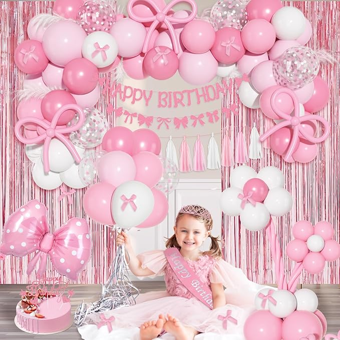 Ouddy Life Pink Bow Birthday Decorations, Coquette Themed Party Supplies with Light Pearl Pink White Confetti Long Balloons Happy Birthday Banner Paper Tassel Cake Toppers for Women Girls Baby Shower