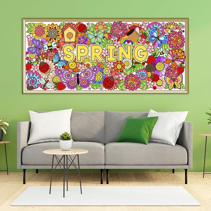 Dvbonike Jumbo Spring Mandala Coloring Poster Giant Flower Butterfly Color-in Paper Poster DIY Drawing Blank Doodle Art Banner 55 x 24 inch Decoration, Home School Activity Party Supplies for Kids