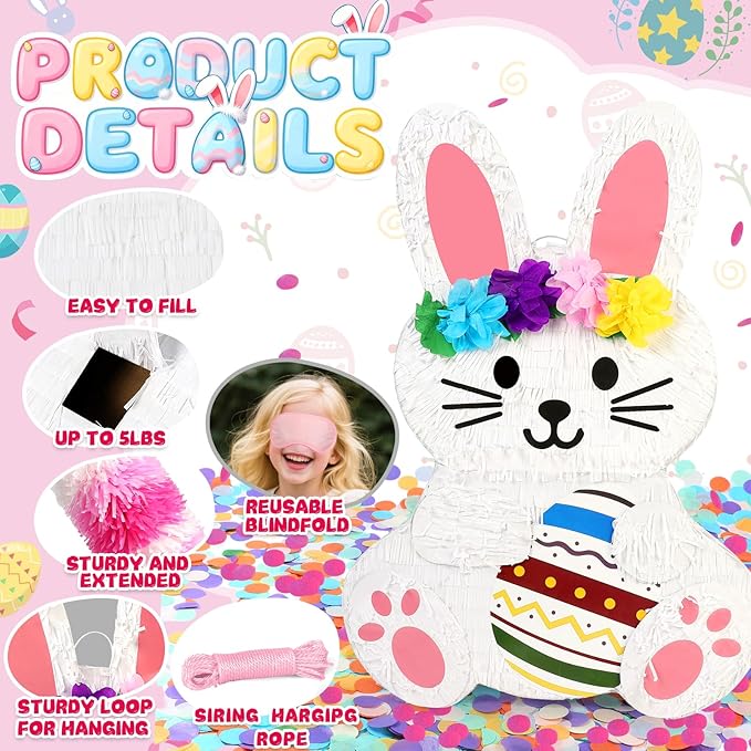 25" Large Easter Decorations Bunny Pinata for Kids Birthday Party - Cute White Rabbit Party Supplies with Matching Stick, Blindfold & Confetti - Sturdy Spring Theme Decor for Easter & Baby Shower