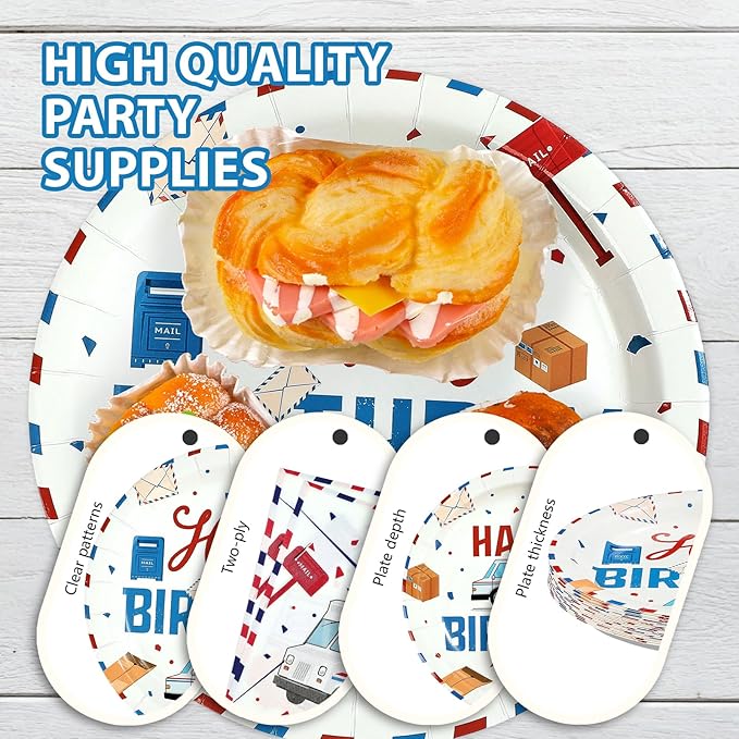 96 Pcs Mailman Party Supplies Red Blue Mail Happy Birthday Plates and Napkins Disposable Mail Truck Mailbox Tableware Set for Postal Worker Birthday Party Decorations Serves 24