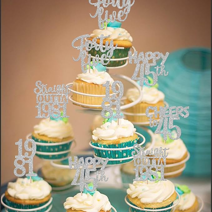 30 PCS 45th Birthday Cupcake Toppers Glitter Forty Five Happy 45 Straight Outta 1981 Cupcake Picks for Cheers to 45 Fabulous 45th Birthday Anniversary Party Cake Decorations Supplier Silver