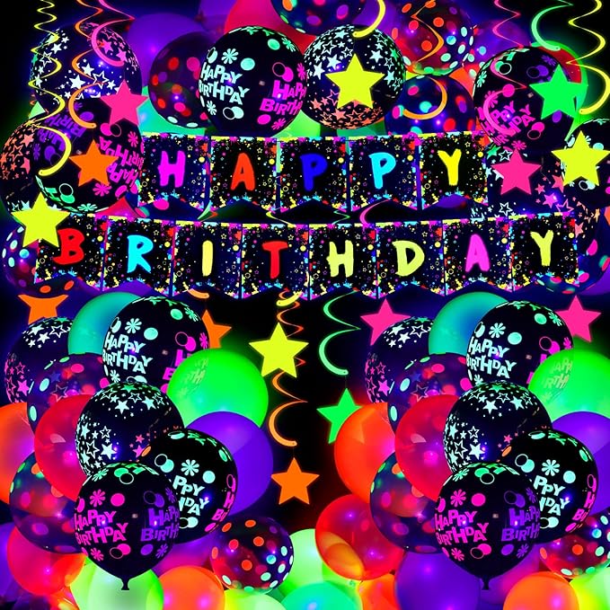 Jetec 71 Pcs Neon Birthday Party Supplies Decorations Include Clear Glow in the Dark Balloons, UV Neon Balloons, Star Hanging Swirls, Happy Birthday Banner Festival Accessory Glow Party Supplies