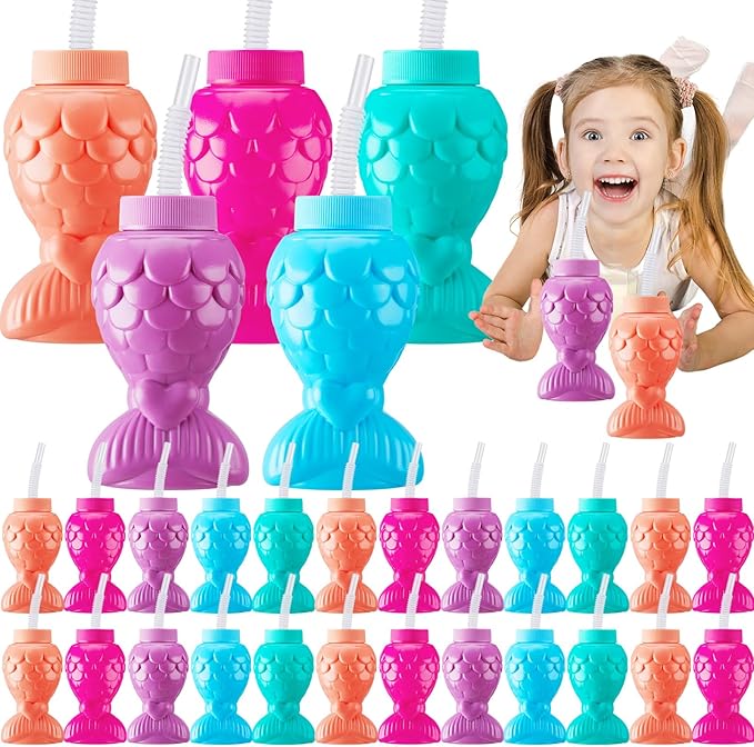 Sliner Mermaid Tumblers with Lids and Straws, Mermai Cups Favors Summer Plastic Sipper Cups for Kids Mermai Birthday Party Gifts Supplies Decorations(24 Pcs, Mermaid)