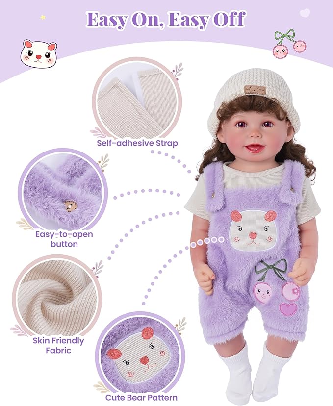 BABESIDE 4-Piece Reborn Baby Doll Clothes for 17-20 Inch Dolls, Doll Outfit Accessories with Bear Pattern fit Baby Dolls Girl, Pretend Play Accessories for Kids Boys & Girls,Purple