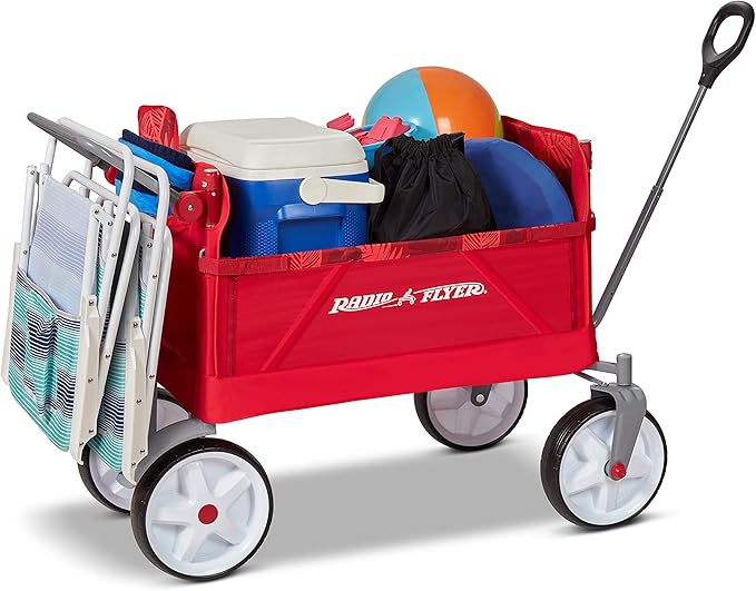 Radio Flyer Beach & Boardwalk 3-in-1 EZ Fold Wagon, for Kids 1.5+, UV Shade, One-Hand Flat Fold, Seats 2 or Converts to Bench, DuraClean Fabric, Beach Tires, 150 lb Capacity, Wagon for Kids & Cargo