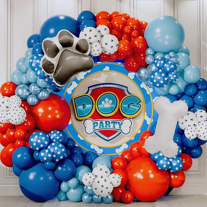 ALL-IN-1 Paw Balloon Arch & Garland Kit with BONUS Dog Bone – Small and Large Red, Dark Blue Paw Balloons – Paw Birthday Party Decorations & Supplies – Boy