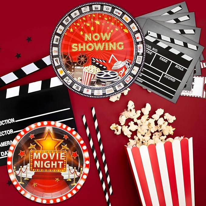 180Pcs Movie Night Party Supplies Paper Plates and Napkins Serve 60 Disposable Tableware Set for Birthday Party Decorations Game Day Family Holiday Sports Events