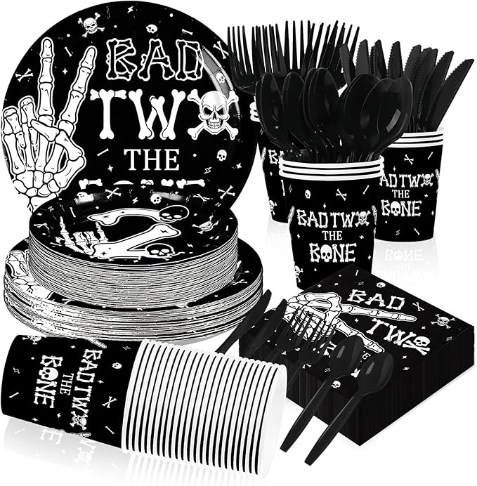 168Pcs Bad Two The Bone Birthday Party Supplies Rock And Roll Plates Napkins Cups Music Theme Tableware Sets 2 Years Old Decorations for 2nd Birthday Baby Shower Party Decorations Serves 24