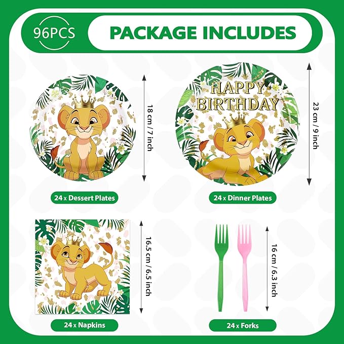 96Pcs Lion Baby Shower Party Decorations Jungle Safari Lion Plates and Napkins Tableware Sets Zoo Animal Party Decorations Favors for Boys Kids Wild One Birthday Supplies Serves 24