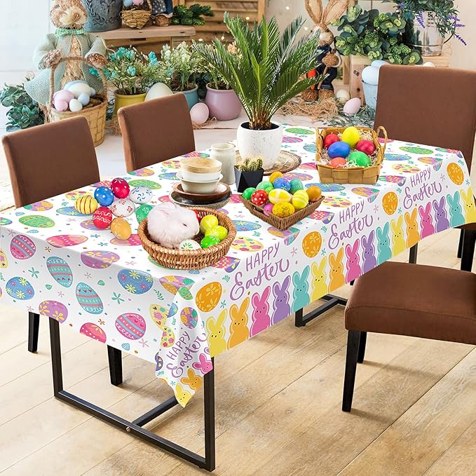2 Pcs Happy Easter Table Cloth - Plastic Bunny Eggs Tablecloth, Disposable Rectangle Spring Floral Table Cover for Easter Home Dining Kitchen Activity Party Decorations Tables Decor, 108 x 54 Inch