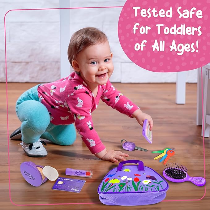 Play Purse for Toddlers with Accessories, Toddler Girl Toys 1 2 3 Years Old with Pretend Makeup, Keys, Smartphone, Toddler Toy Purse for Little Girls - Birthday Gift for Toddlers Girls Ages 2-3 Purple