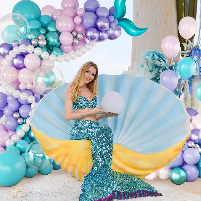 Mermaid Balloon Garland Arch Kit,145pcs Purple Pink Blue balloons with Little Mermaid Tails Birthday Party Decorations Balloons for Gender Reveal Under the Sea Ocean Baby Shower Themed Party Supplies