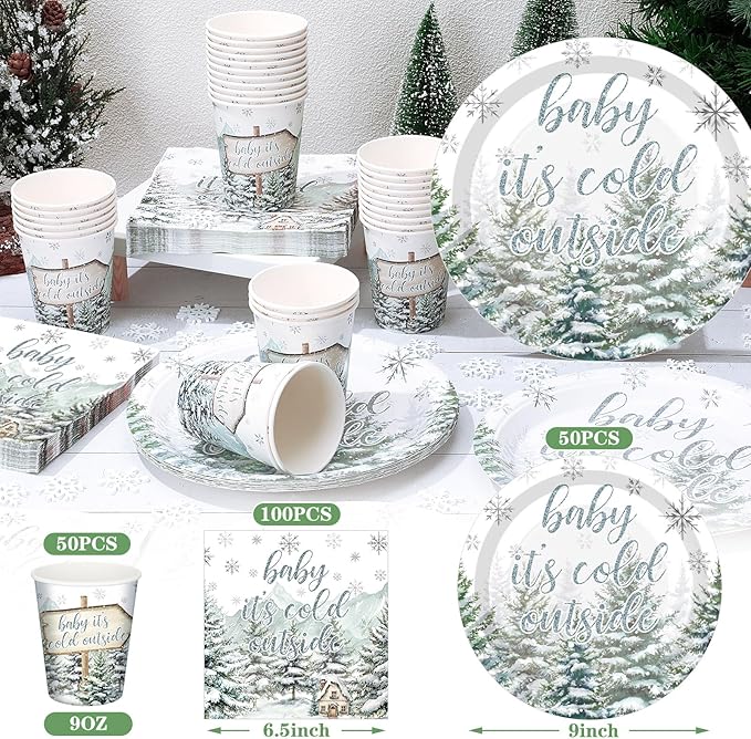 Hushee 200 Pcs Cold Outside Baby Shower Paper Plates Cups Napkins Party Supplies Tableware Set Disposable Cup Napkin for 50 Guest Party Decoration