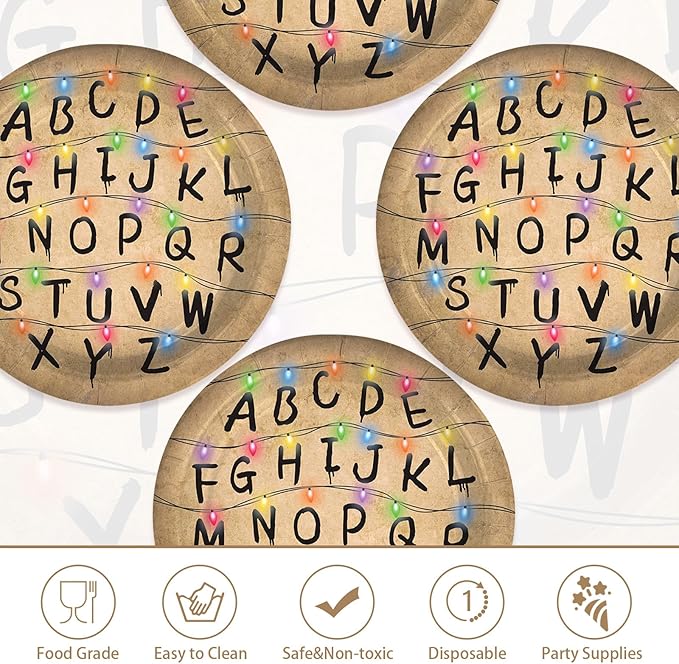 50Pcs Spooky Rustic Alphabet Paper Plates 9 Inch Disposable Retro Colorful Light Bulbs Party Decorations Retro Scary House Run Themed Plates for Boys Girls Holiday Stranger Birthday Party Supplies