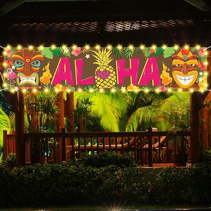 OuMuaMua Hawaiian Luau Party Decorations, Aloha Party Decorations, Tiki Decorations Aloha sign with Lights for Summer Aloha Moana Hawaii Luau Party Decoration, Tropical Birthday Tiki Party Supplies