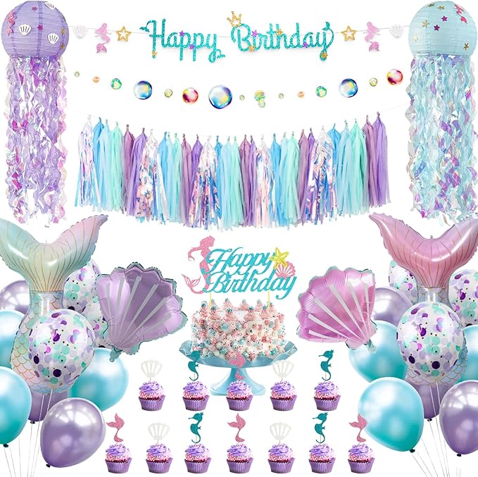 Mermaid Birthday Party Decorations Supplies Banner Tassel Garland Bubble Garland Hanging Jelly Fish Paper Lanterns Balloons Cake Topper Mermaid Happy Birthday Decorations for Women