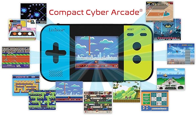 Lexibook Compact Cyber Arcade Portable Gaming Console, 250 Gaming, LCD, Battery Operated, Video Game for Children, Black/Blue/Green, JL2377