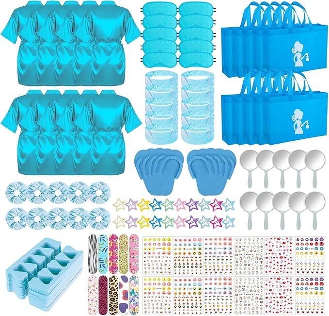 122 Pcs Blue Girls Spa Party Kit, 10-Pack Slumber Party Favors with Satin Robes, Tote Bags, and Nail Salon Accessories for Kids Spa Birthday, Halloween, Home Party Supplies