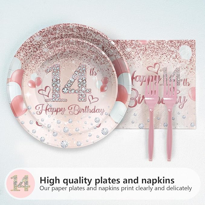 Grencian 96Pcs 14th Birthday Party Supplies Disposable Rose Gold 14 Year Old Birthday Plates Napkins Forks Tableware Set 14th Birthday Decorations for Girls Happy 14th Birthday Fabulous Party Serve 24