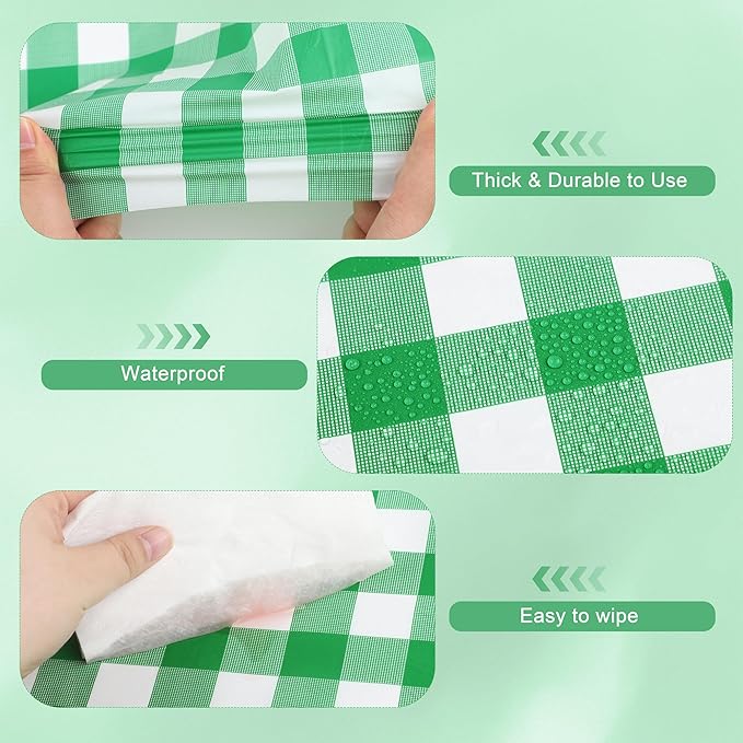 Kochorie 54 Inch x 300 Ft Light Green Checkered Plastic Table Cloth Roll Disposable Waterproof Table Cover Plastic Table Cover Roll with Easy Slide Cutter for Outdoor Picnic/Home Dining/Spring Party