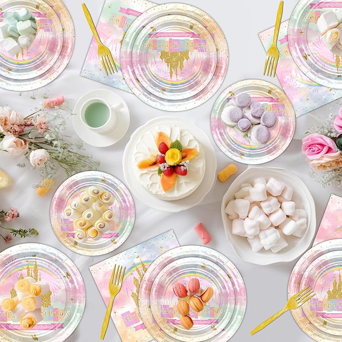 Avezano 96 PCS Princess Birthday Party Decorations Rainbow Gold Castle Plates Napkins Tableware Set for Girls Birthday Party Supplies, Serves 24