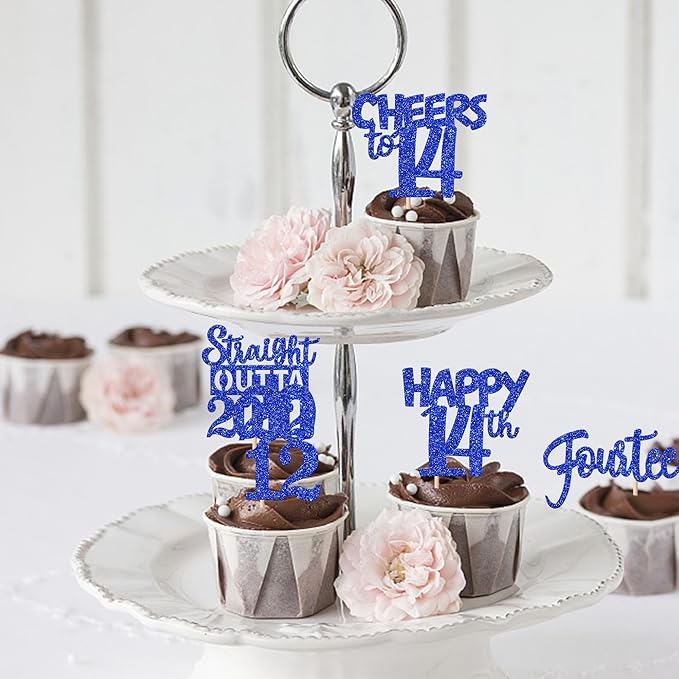 30 PCS 14th Birthday Cupcake Toppers Glitter Fourteen Happy 14 Straight Outta 2012 Cupcake Picks for Cheers to 14 Fabulous 14th Birthday Anniversary Party Cake Decorations Supplier Blue
