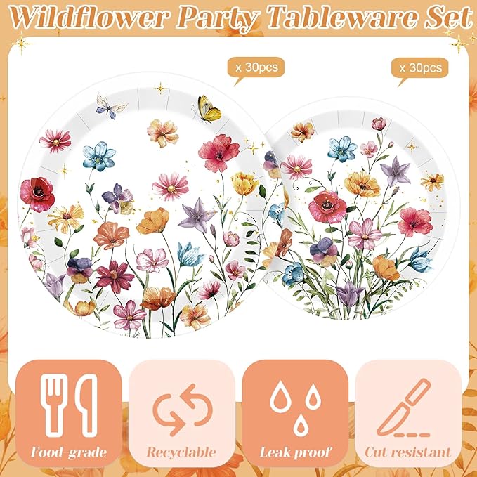 60 Pcs Spring Wildflower Paper Plates 9 in and 7 in Floral Party Decorations Butterfly Plates Wild Floral Disposable Dinner Tableware for Baby Shower Wedding Tea Summer Birthday Supplies