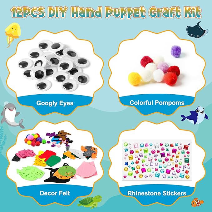 WATINC 12Pcs Hand Puppet Making Kit, Art Craft Felt Sock Puppet Toys, Creative DIY Make Your Own Pompoms Wiggle Googly Eyes Storytelling Role Play Party Supplies Gift for Girls Boys (Animals Ocean A)