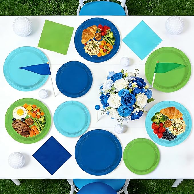 96Pcs Masters Golf Party Supplies Blue and Green Golf Plates and Napkins Disposable Heavy Duty Ocean Blue and Green Tableware Set for Birthday Graduation Masters Party Decorations Serves 24