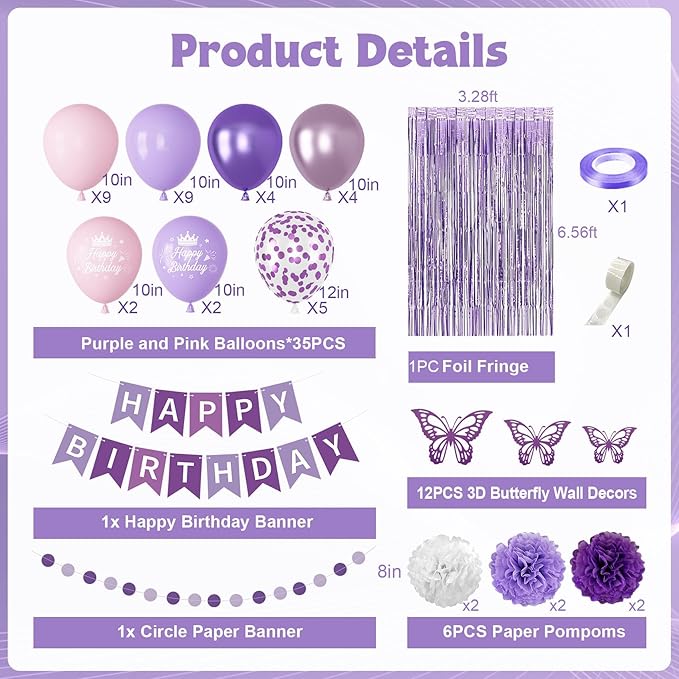 Purple Birthday Decorations for Women Girls, Lavender Pink Confetti Metallic Printed Balloons Butterfly Stickers Fringe Curtain Happy Birthday Banner Circle Dots Garland Paper Pompoms Party Supplies