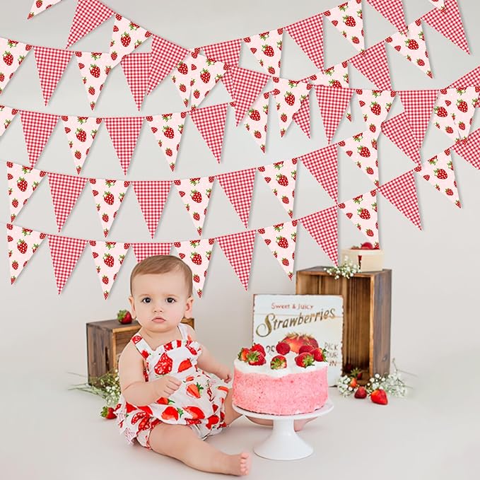 JOYMEMO 5 Pieces Strawberry Pennant Banners - Pre-Strung Strawberry Single Sided Paper Triangle Flag, Strawberry Party Decorations for Girls, Berry Themed Birthday Party Baby Shower Supplies