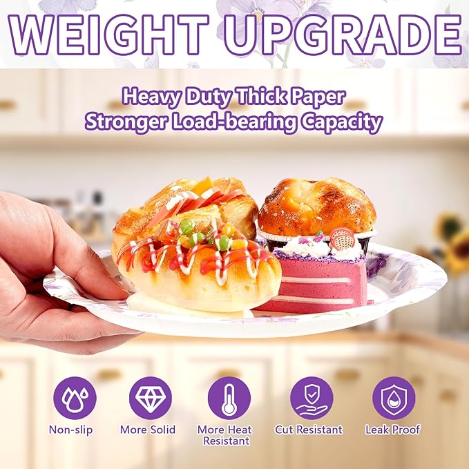 50Pcs Purple Floral Party Decorations 9" Purple Wildflowers Paper Plates Disposable Butterfly Themed Platter for Spring Flower Weddings Birthdays Baby Shower Party Supplies