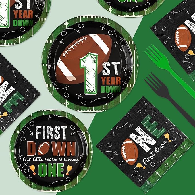 Grencian 96Pcs Football Party Decorations First Down Football Birthday Party Plates Disposable 350GSM Football Paper Tableware Set for Gameday Boys 1st Football Birthday Party, Serves 24