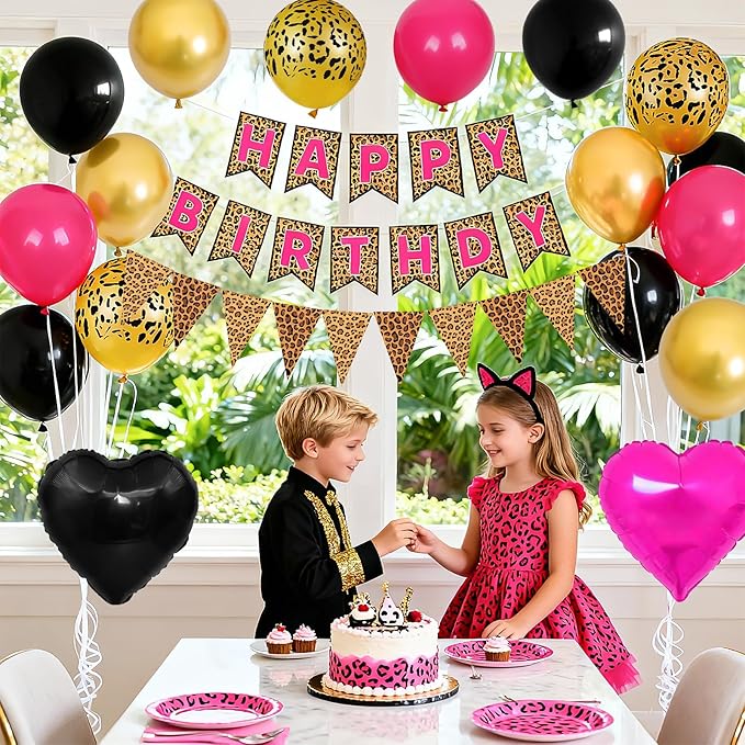 Leopard Print Happy Birthday Decorations, Gold Cheetah Print Animal Balloons Black Gold and Pink Heart Balloon with Birthday Banner for Safari Wild Birthday Baby Shower Jungle Zoo Theme Party Supplies