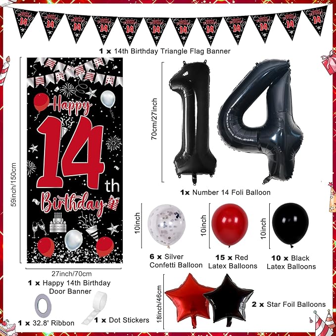 14th Birthday Decorations for Boys Girls, Happy 14th Birthday Decorations Boy, Red Black 14 Year Old Birthday Door Banner Sign, Triangle Flag, Large 14 Balloons Decor for 14 Bday Party Supplies