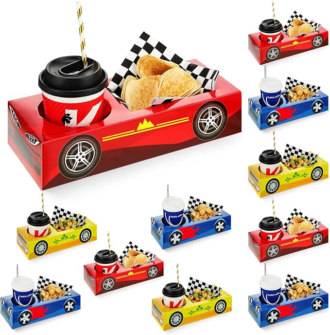 Lincia 12 Pieces Race Car Party Food Boxes Car Birthday Party Supplies Food Trays with Snack and Drinks Boxes and One Pack Checkered Napkin for Birthday Race Themed Supplies