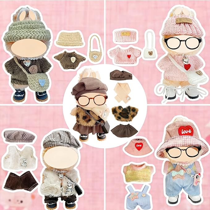 5-Set Clothes Bundle for Doll, Includes 5 Mini Hangs, Large Clear Display Bag with Strap Keychain, 5 Hangers and Rack, Bag, Glasses, Necklace, Shoes Accessories for Dressing up(No Doll)