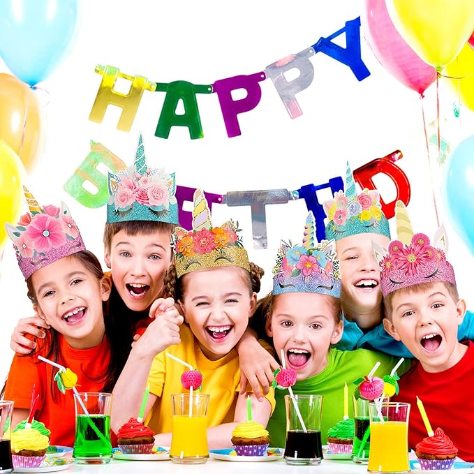 24 Pcs Unicorn Birthday Party Hats Paper Party Crown Unicorn Headbands for Boys Girls, Princess Dress up Theme Decorations Birthday Favors Supplies Headbands