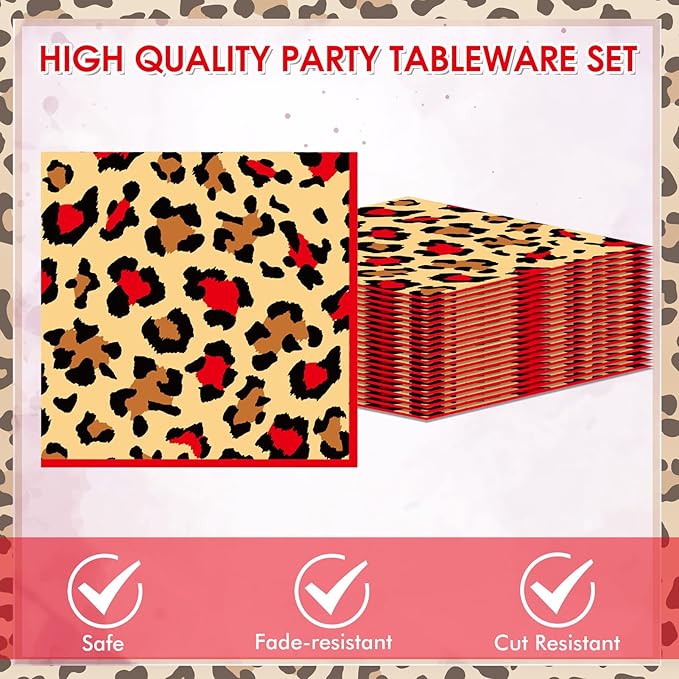 40 Pcs Cheetah Print Birthday Decorations Red Black Leopard Print Tableware Safari Animal Jungle Birthday Party Decor Supplies Includes 20PCS Dessert Plates and 20PCS Napkins for Girls Women