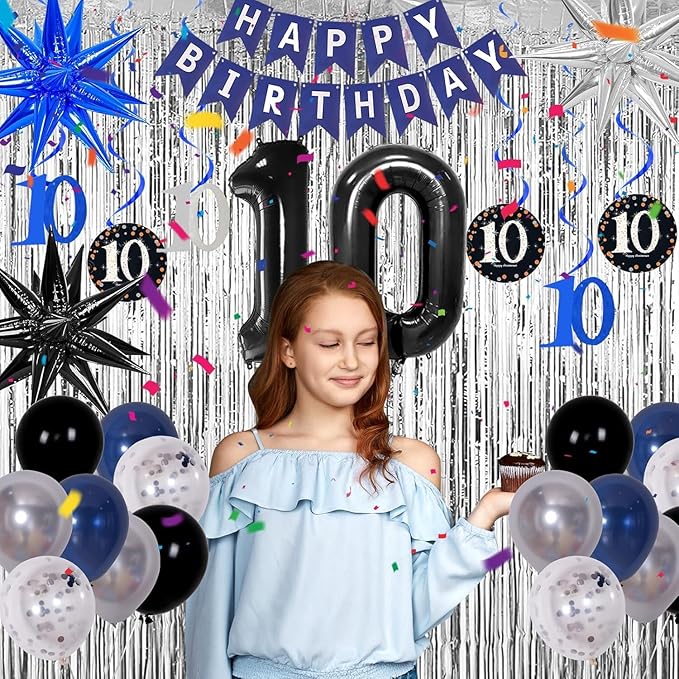 10th Birthday Decorations for Boys and Girls Dark Blue, Double Digits Birthday with HAPPY BIRTHDAY Banner 10 Balloon Number Tablecloth Foil Star Balloons Garland Arch Kit-10 Year Old Party Supplies