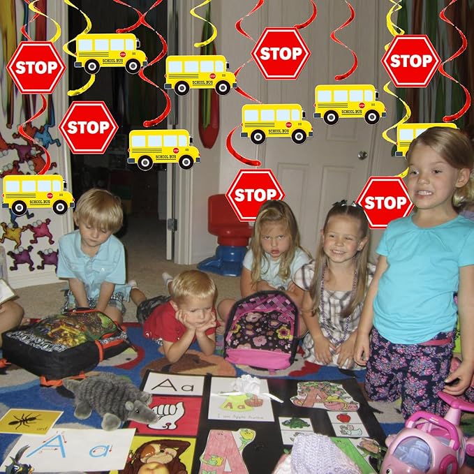 School Bus Hanging Swirls Wheels On The Bus Birthday Decorations 20Pcs Back to School Ceiling Swirls School Bus Party Hanging Streamers for School Classroom Theme Party Supplies