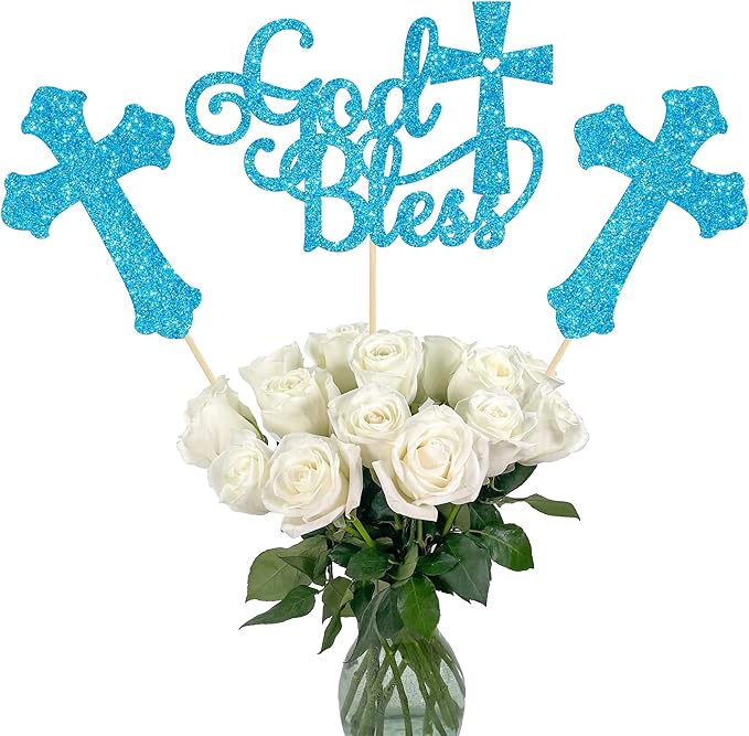 Gyufise 12Pcs God Bless and Cross Centerpiece Sticks Double Sided Cross God Bless Table Flower Centerpieces Sticks First Communion Baptism Decorations for God Bless Theme Party Supplies Blue