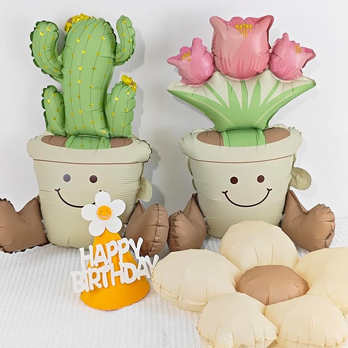 Matte cactus And Tulip potted Balloons Set 2PCS Floral Foil balloons for Cactus and Tulip Themed Party Decorations Fiesta Balloons Mexican Party Baby Shower Birthday Wedding Decorations