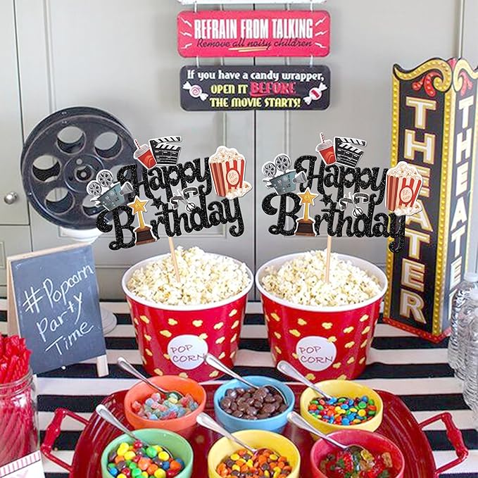 1 PCS Movie Happy Birthday Cake Topper Glitter Roll Camera Video Recorder Popcorn Movie Night Cake Pick for Hollywood Theme Family Film Baby Shower Birthday Party Cake Decorations Supplies Black